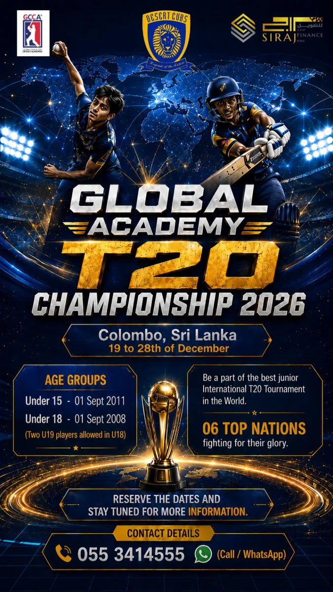 Global Academy T20 Championship 2026 flyer for Colombo Sri Lanka from 19 to 28 December