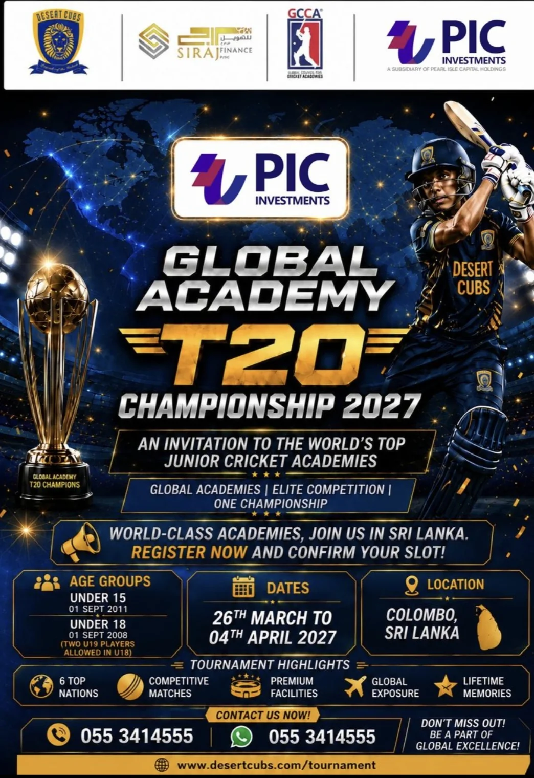 Global Academy T20 Championship 2027 flyer in Colombo, Sri Lanka, from 26 March to 4 April, for Under 15 and Under 18 teams