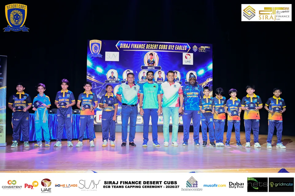 Desert Cubs players and coaches together on stage at the ECB capping ceremony — photograph 7196