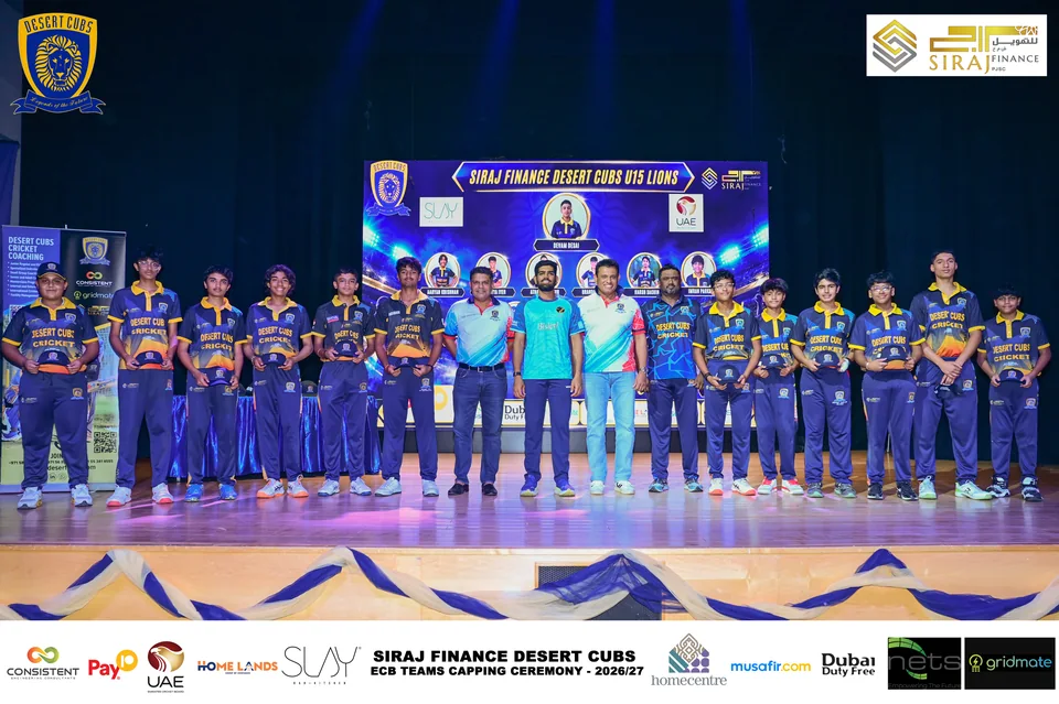 Desert Cubs players and coaches together on stage at the ECB capping ceremony — photograph 7238