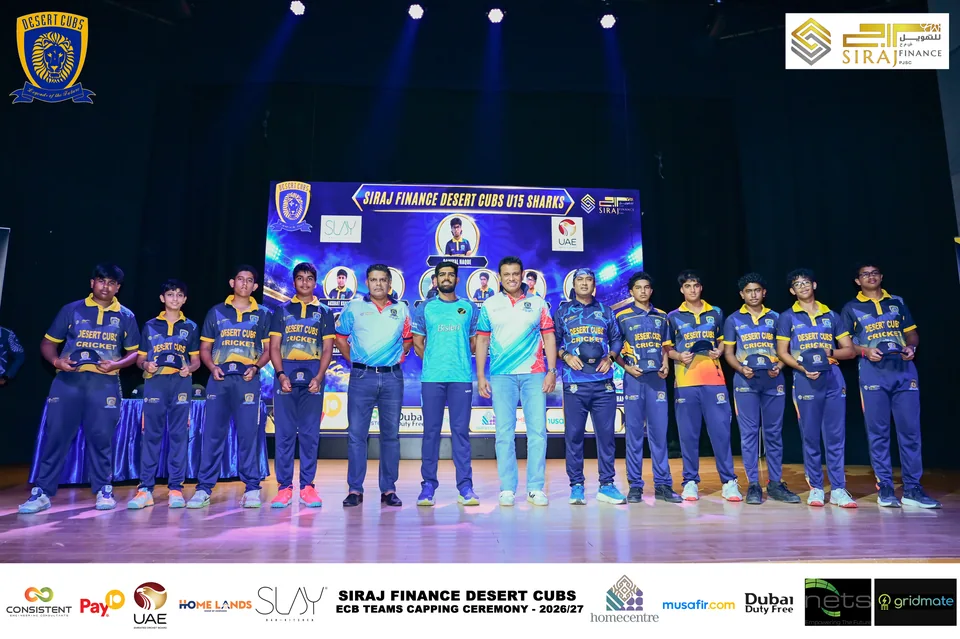 Desert Cubs players and coaches together on stage at the ECB capping ceremony — photograph 7296