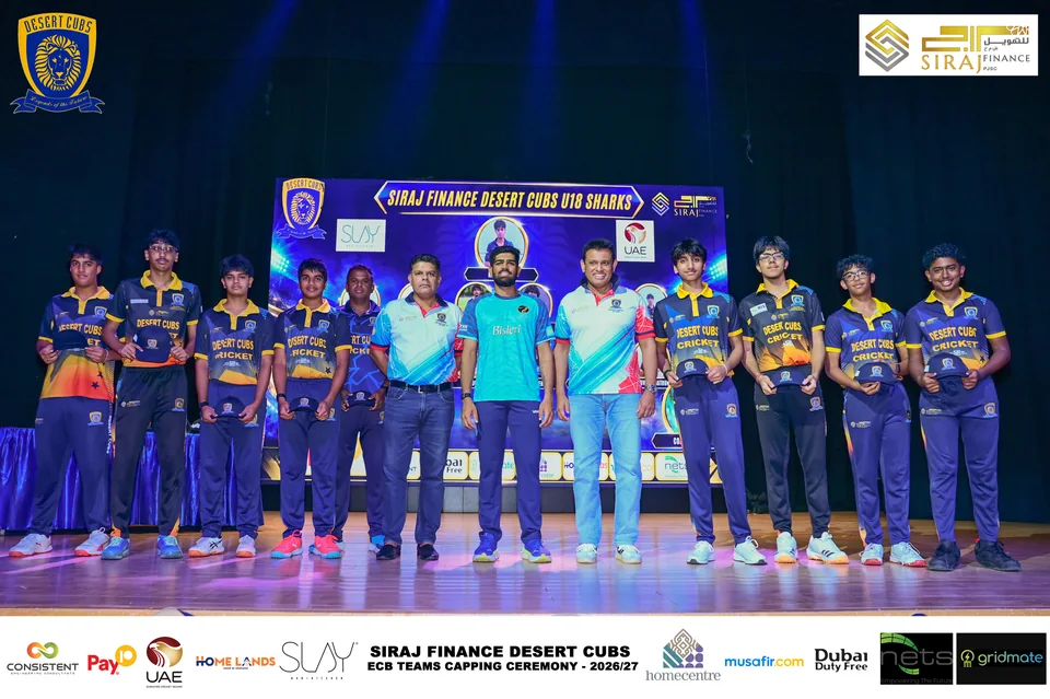 Desert Cubs players and coaches together on stage at the ECB capping ceremony — photograph 7433