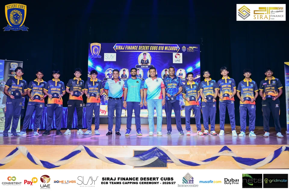 Desert Cubs players and coaches together on stage at the ECB capping ceremony — photograph 7481