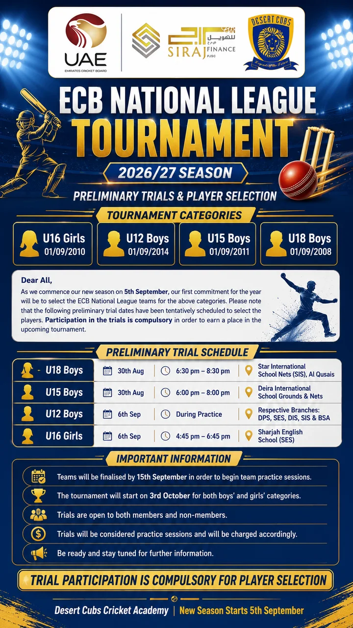 ECB National League Tournament 2026/27 preliminary trials and player selection flyer